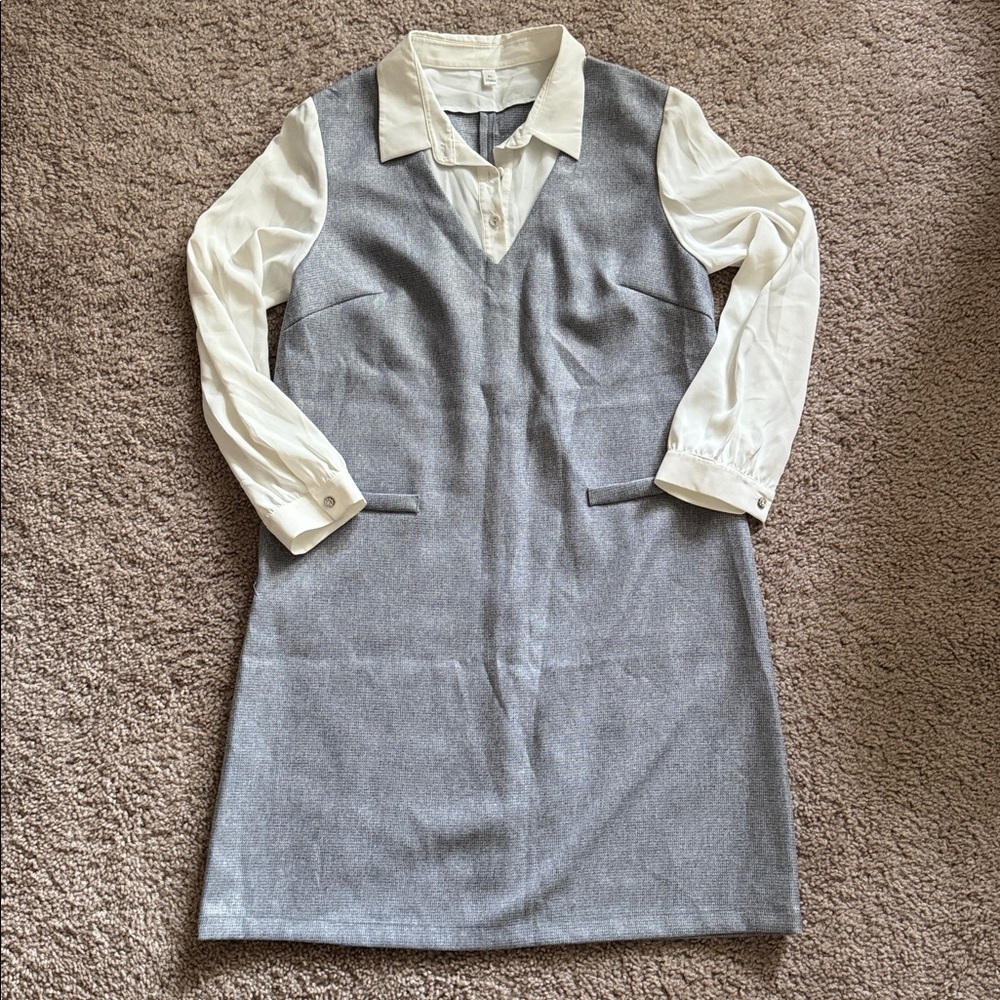 Chic Gray and Cream Long Sleeve Dress